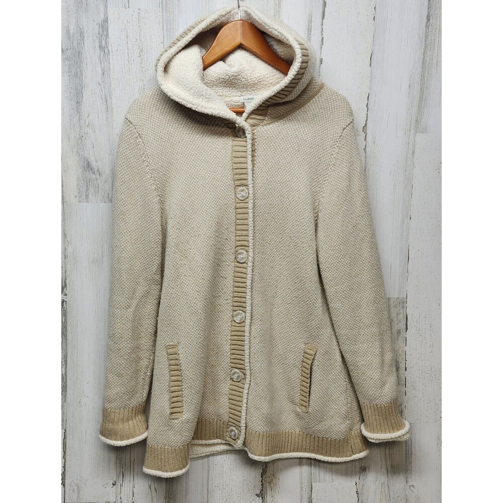 L.L Bean Sweater Women L Beige Sherpa Wool Blend Loungewear Cabincore Cozy